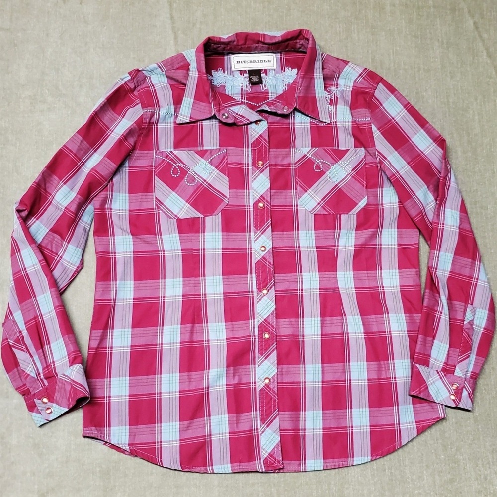 Bit & Bridle Pink Blue Plaid Embroidered Western Snap Button Shirt Womens Large